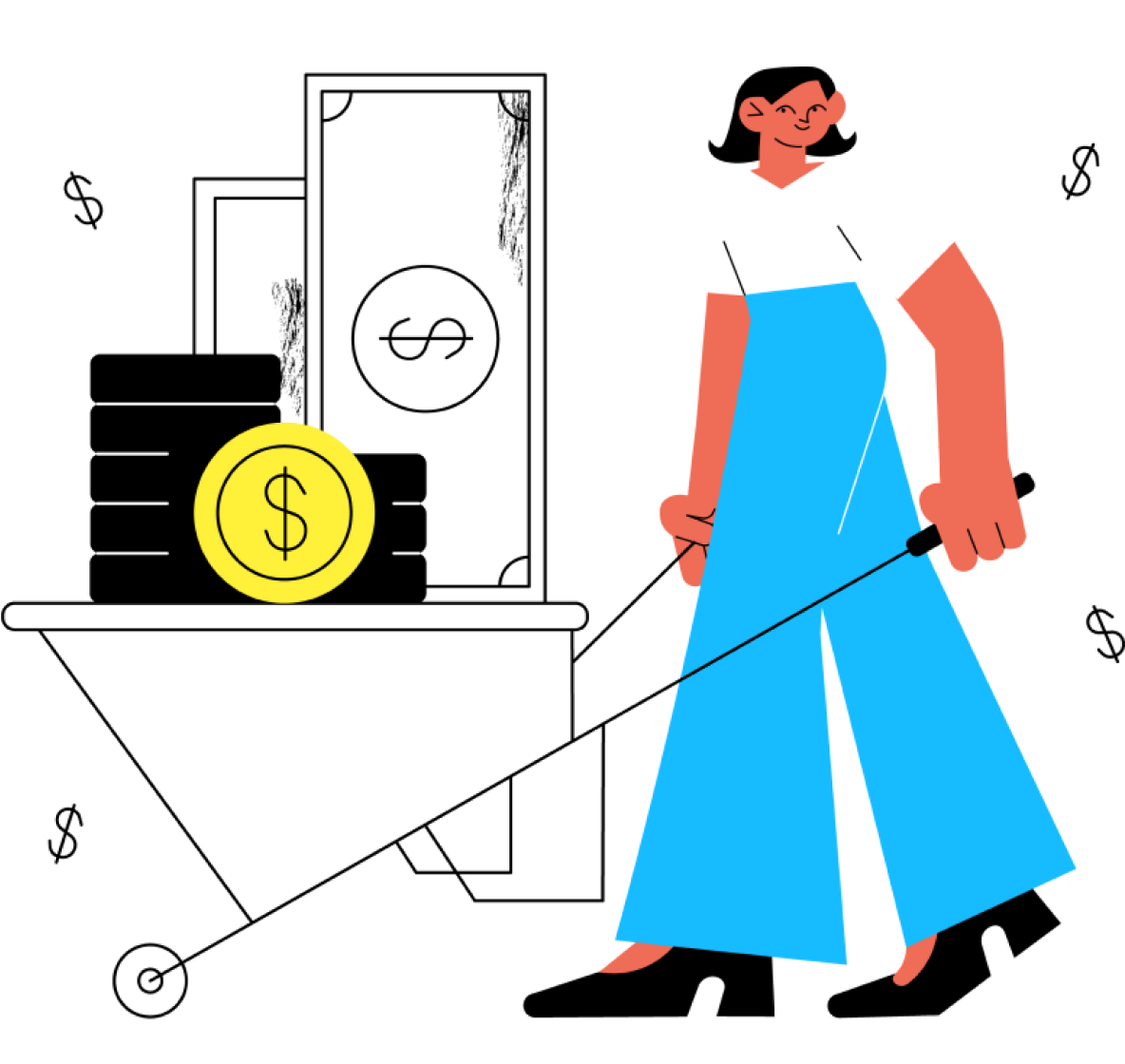 Mulher segurando carrinho de mão com moedas, e cédulas